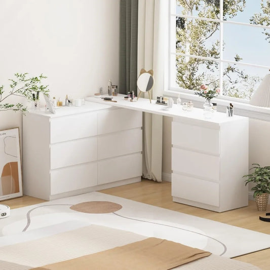 L-Shape Dressing Table with 9 Drawers Extendable Vanity Desk Dresser