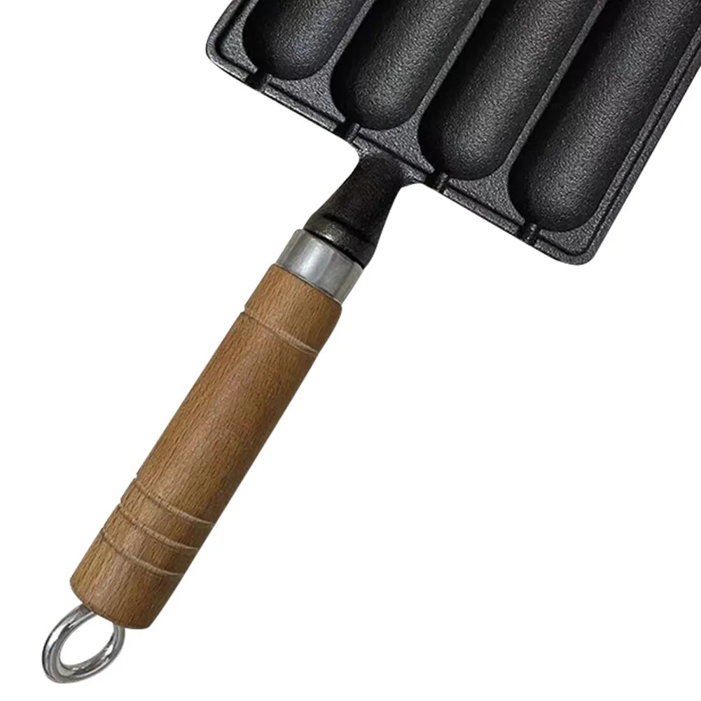 Cast Iron Pre-Seasoned Sausage Pan Non-Stick Hot Dog Mold with Wooden Handle