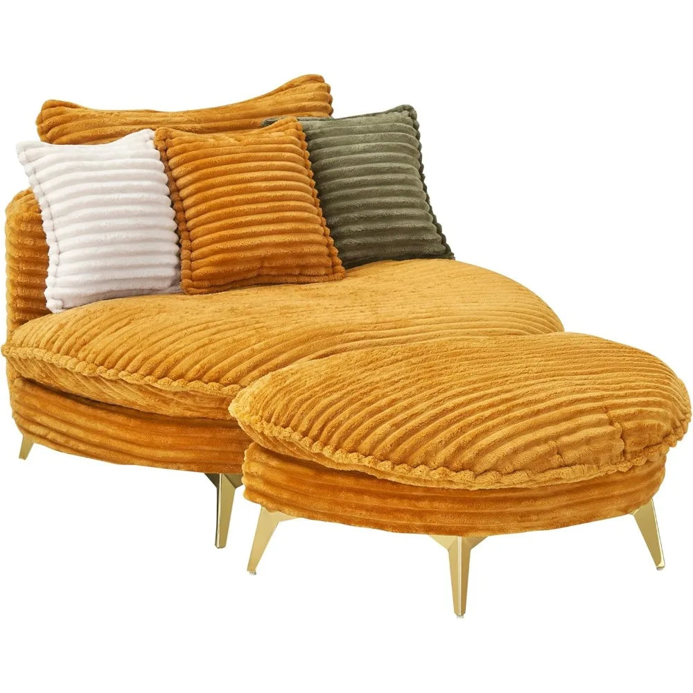 Mid-Century Modern Sofa Chaise Lounge Corduroy Fabric Metal Legs