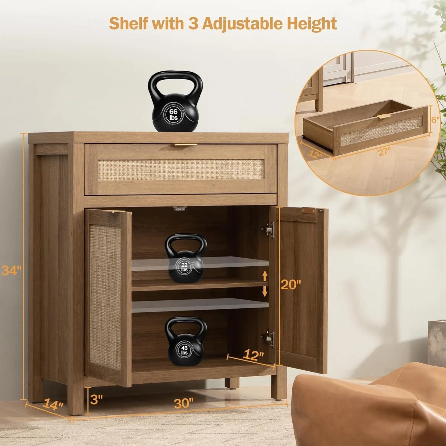 Ljustra Three Piece Side Panel Buffet Cabinet Rattan Storage Natural Oak