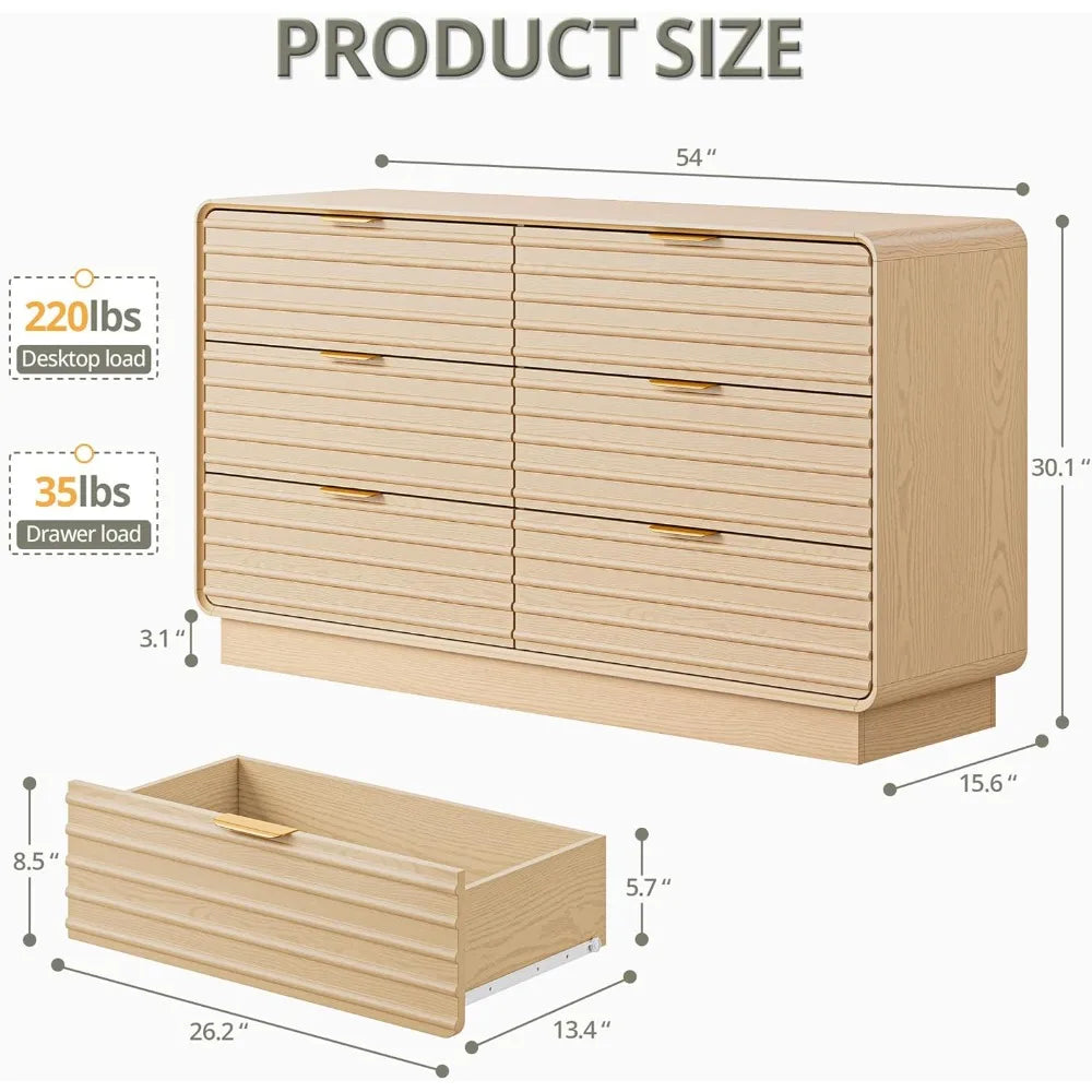 Fluted 6 Drawer Dresser Modern Bedroom Storage 54 Inch Wide Furniture