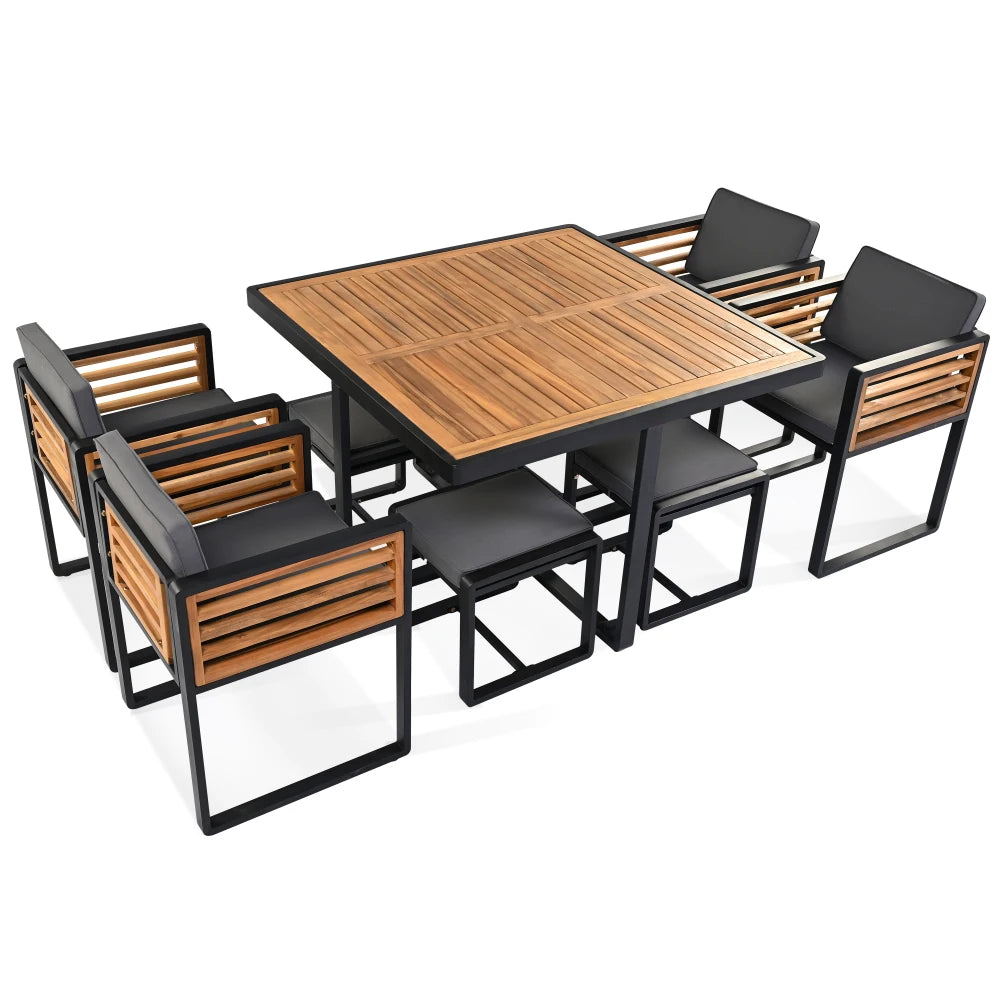 9-Piece Acacia Wood Patio Dining Set with Cushioned Chairs and Ottomans