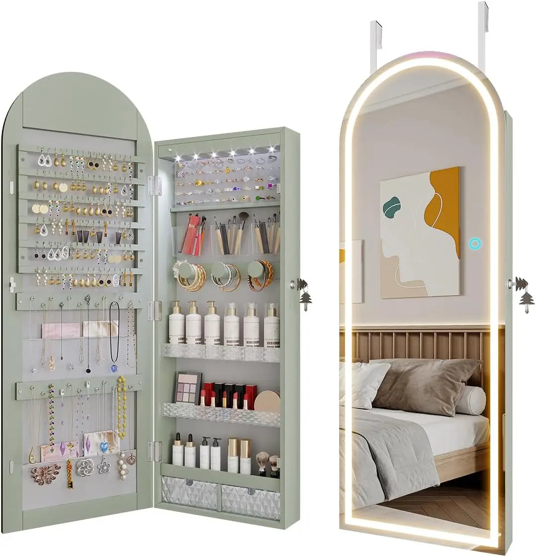 Arched Lighted Mirror Jewelry Cabinet Wall Door Mount Organizer