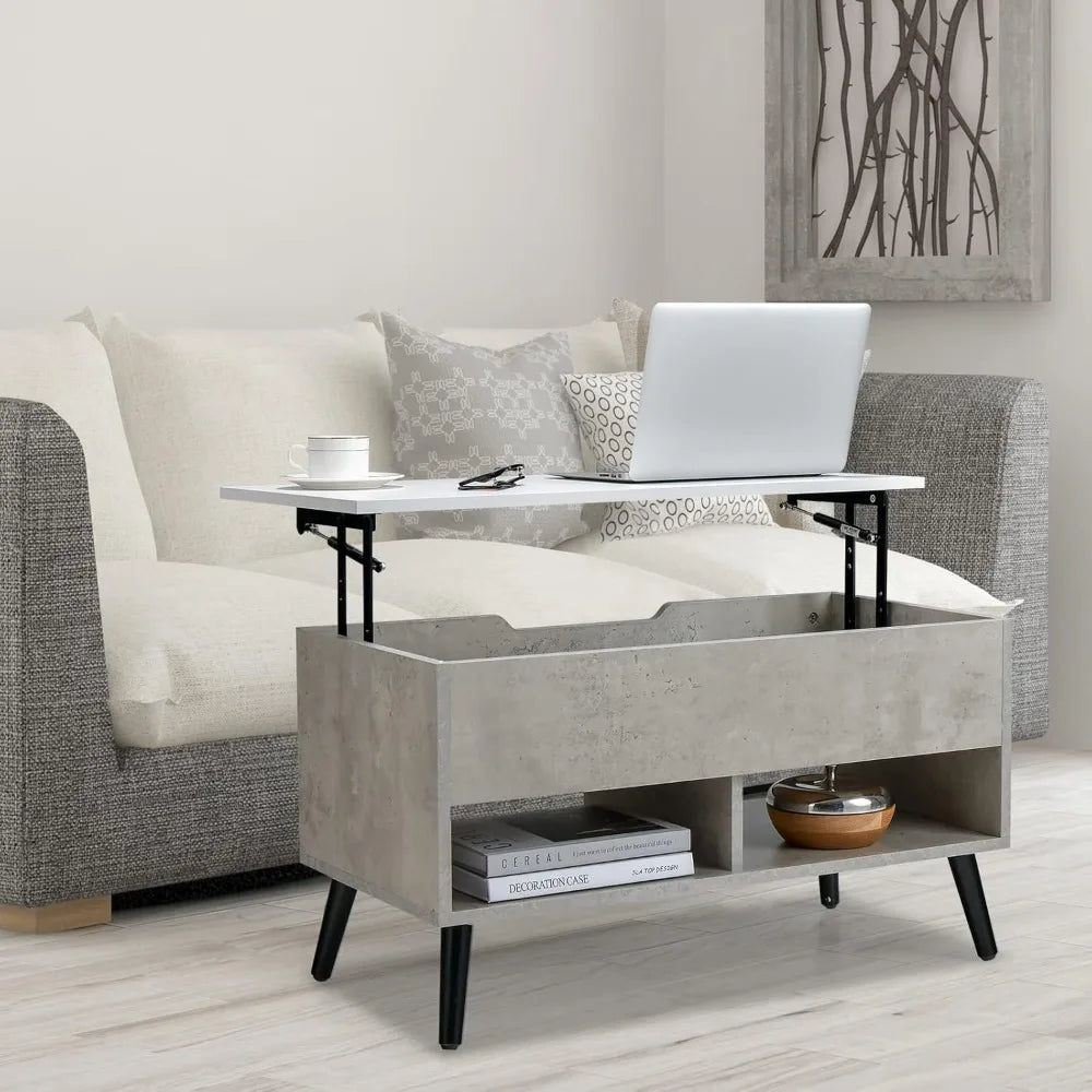 Modern Lift Top Coffee Table with Hidden Compartment and Open Shelves