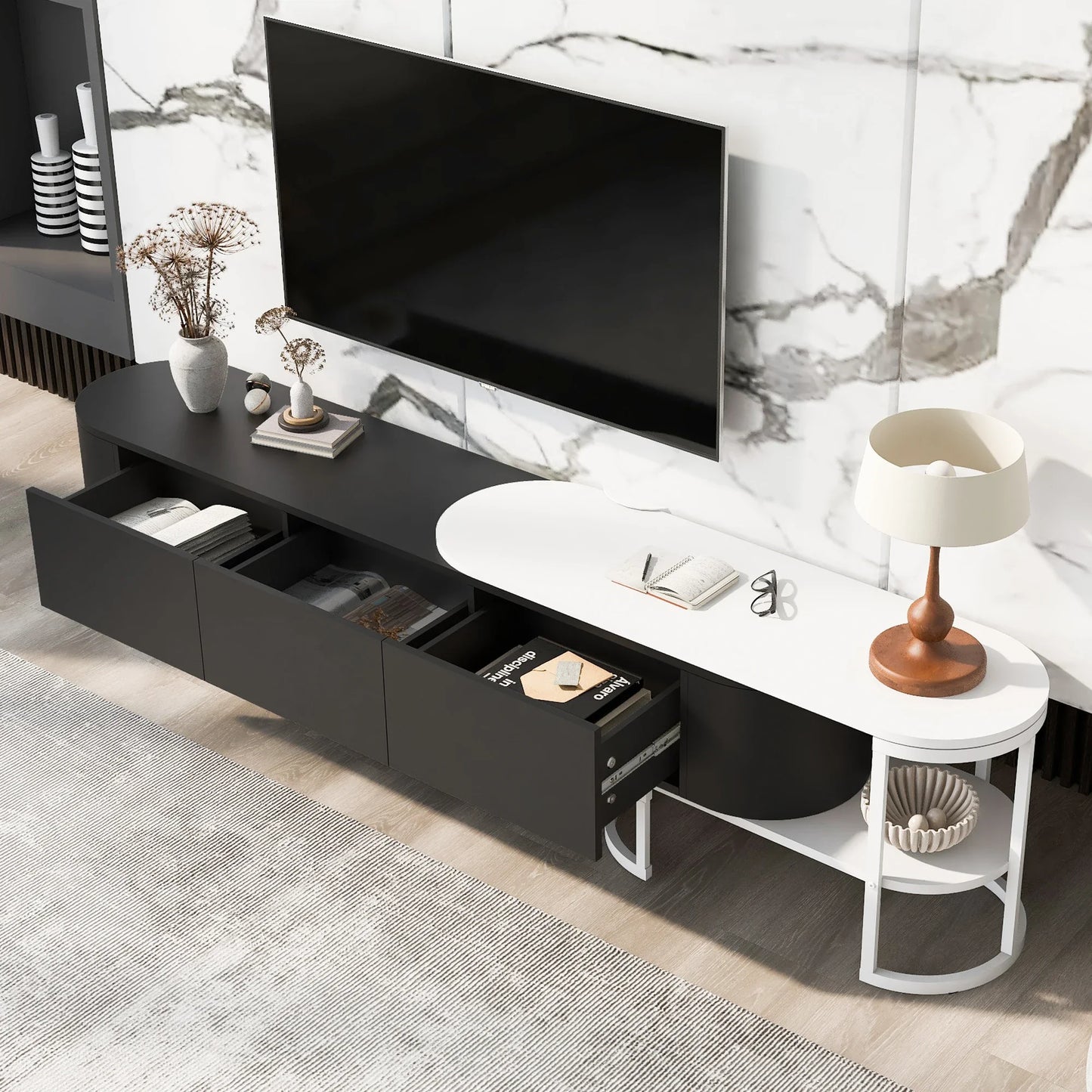 Modern Extendable TV Stand with Drawers and Adjustable Metal Legs