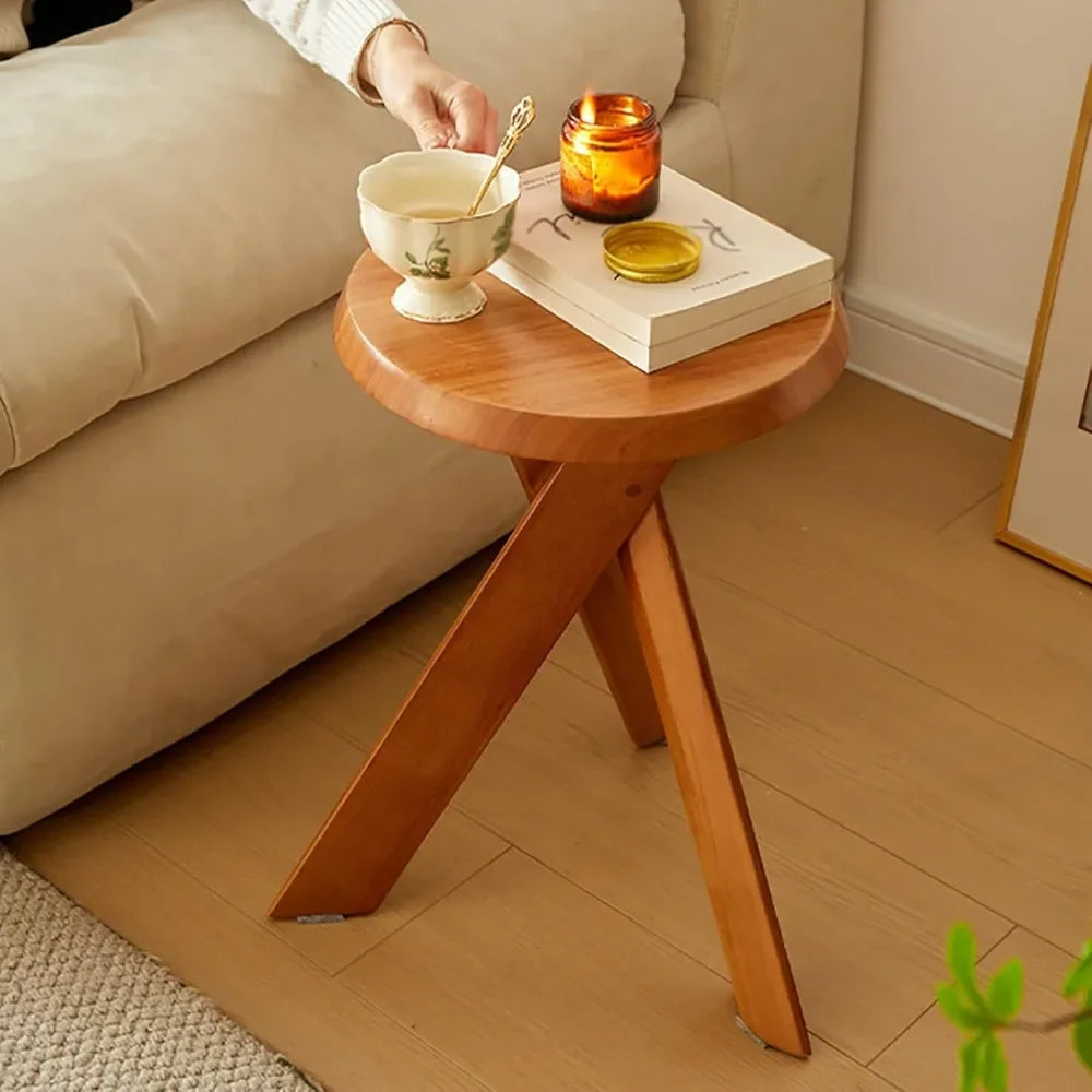 Round Coffee Table Solid Wood Rustic End Table with Crossed Legs