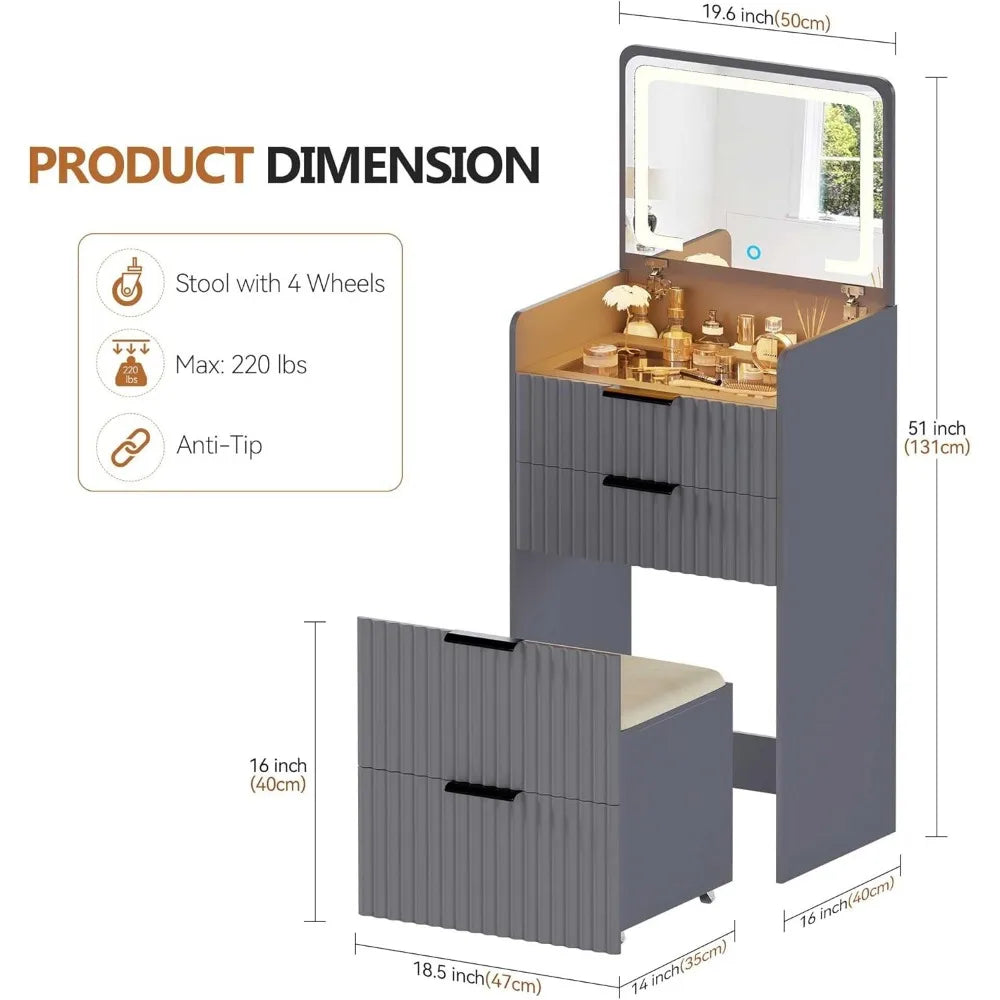 3in1 LED Vanity Set Compact Flip-Top Mirror Makeup Desk Storage