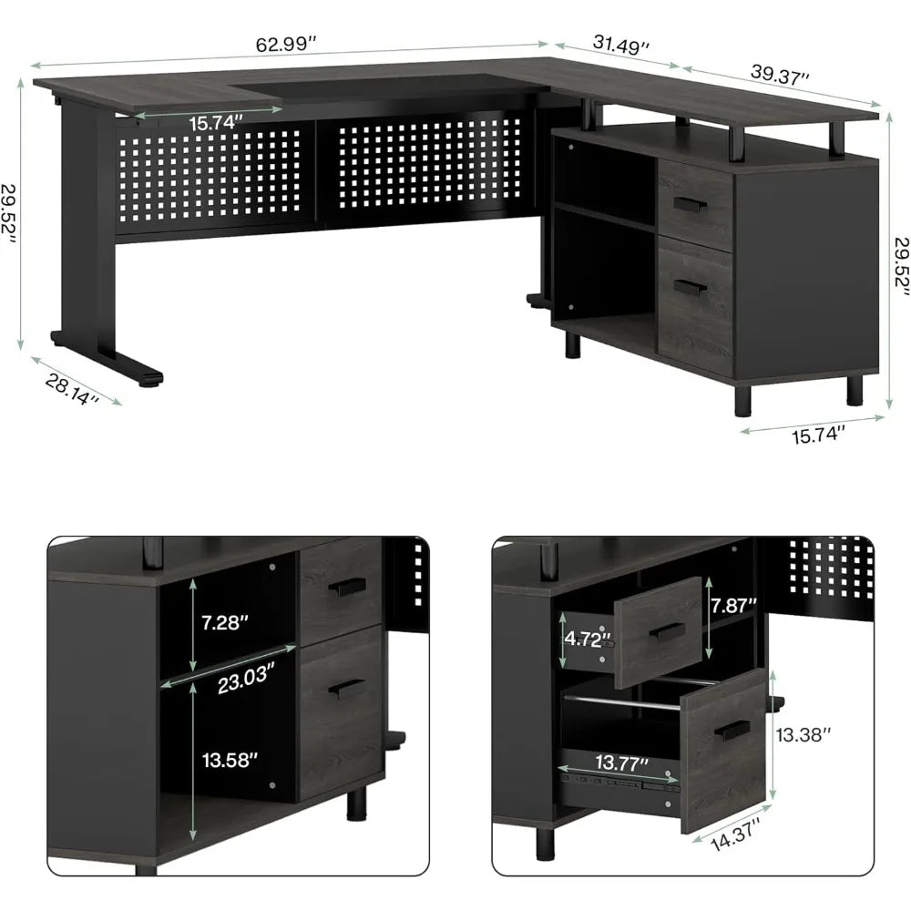 L Shaped Executive Desk with File Cabinet Modern Office Furniture