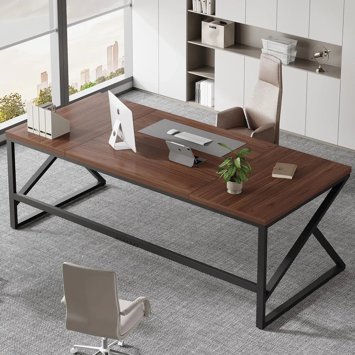 Large Metal Wood Computer Desk for 2 Monitors 70 Inch Home Office