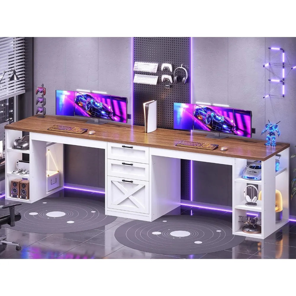 Farmhouse Computer Desk 96.5 Inch Two Person Office Gaming Desk with Drawers