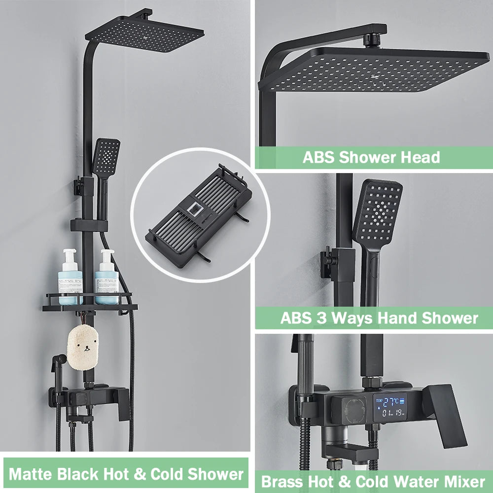 Black Digital Display Thermostatic Shower Faucet Rainfall Mixer Tap