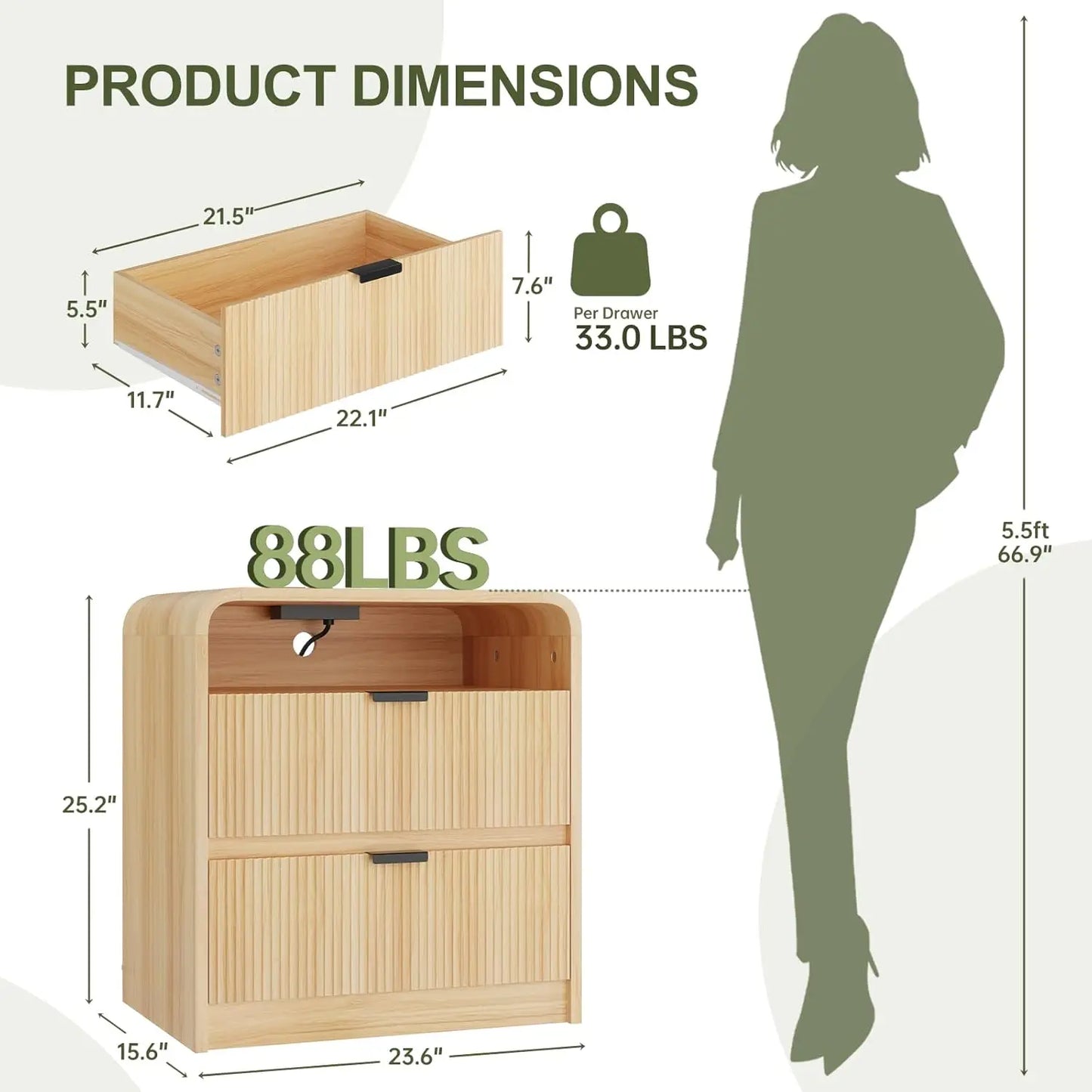 24 Inch Fluted Nightstand with Charging Station and 2 Drawers