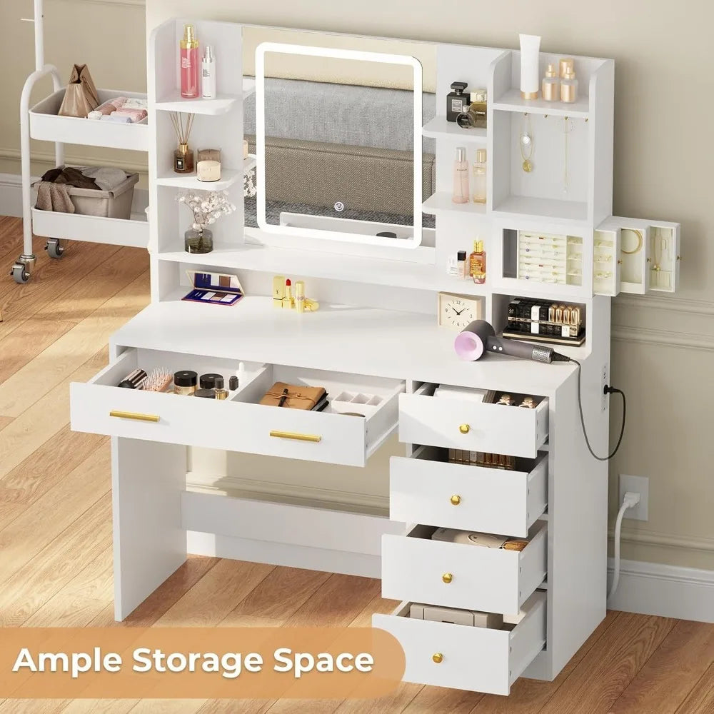 42.8 Inch Modern Vanity with Mirror Lights Jewelry Box 6 Drawers