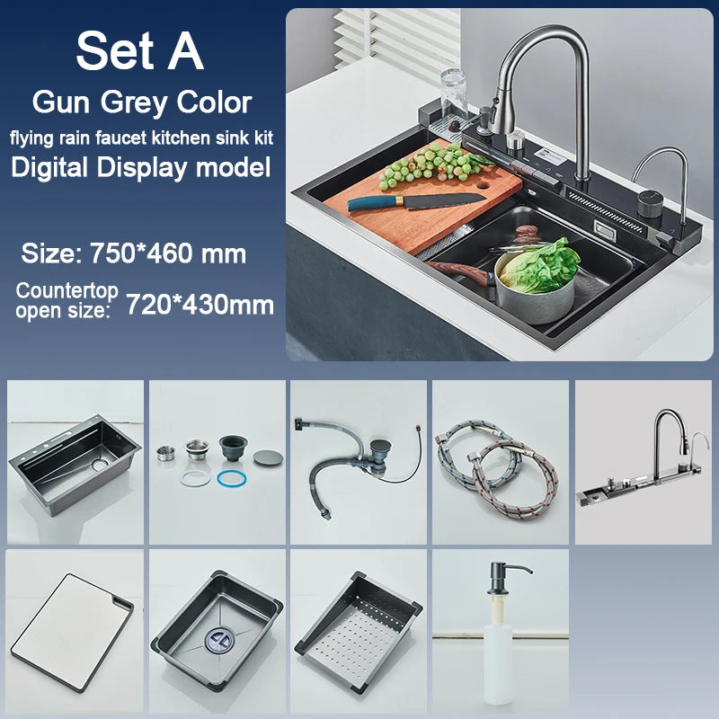 Large Stainless Steel Kitchen Sink with Waterfall Faucet and Display