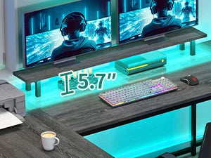 U Shaped Desk with Power Outlets LED Lights Reversible L Shaped Desk
