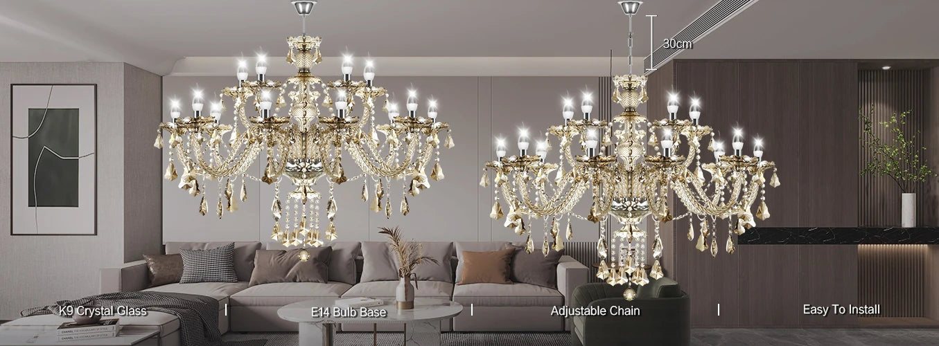 15 Arms Crystal Chandelier Pendant Light Modern K9 for Living Room
