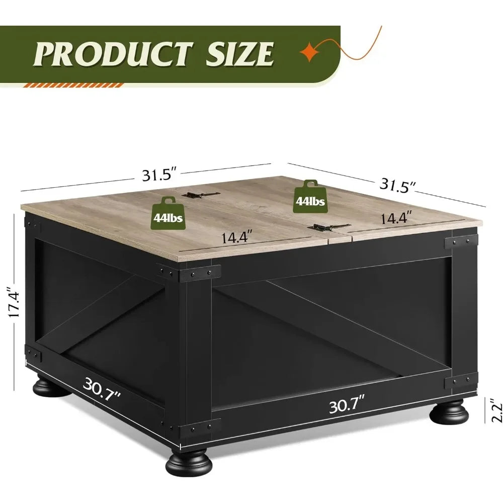 Farmhouse Lift Top Coffee Table with Storage 31.5 Inch Square Table
