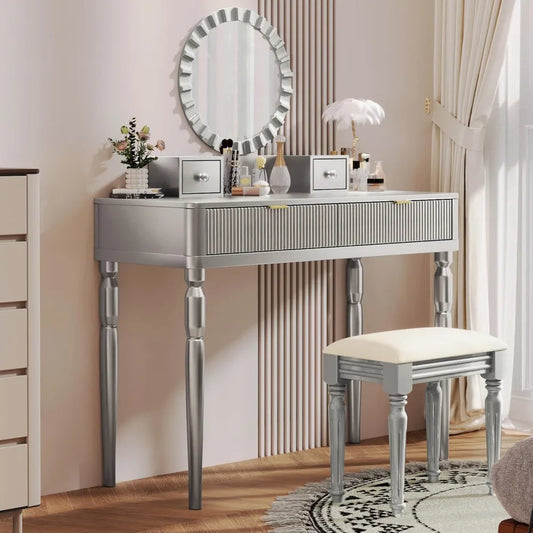 Modern Makeup Vanity Table with Mirror and 4 Storage Drawers
