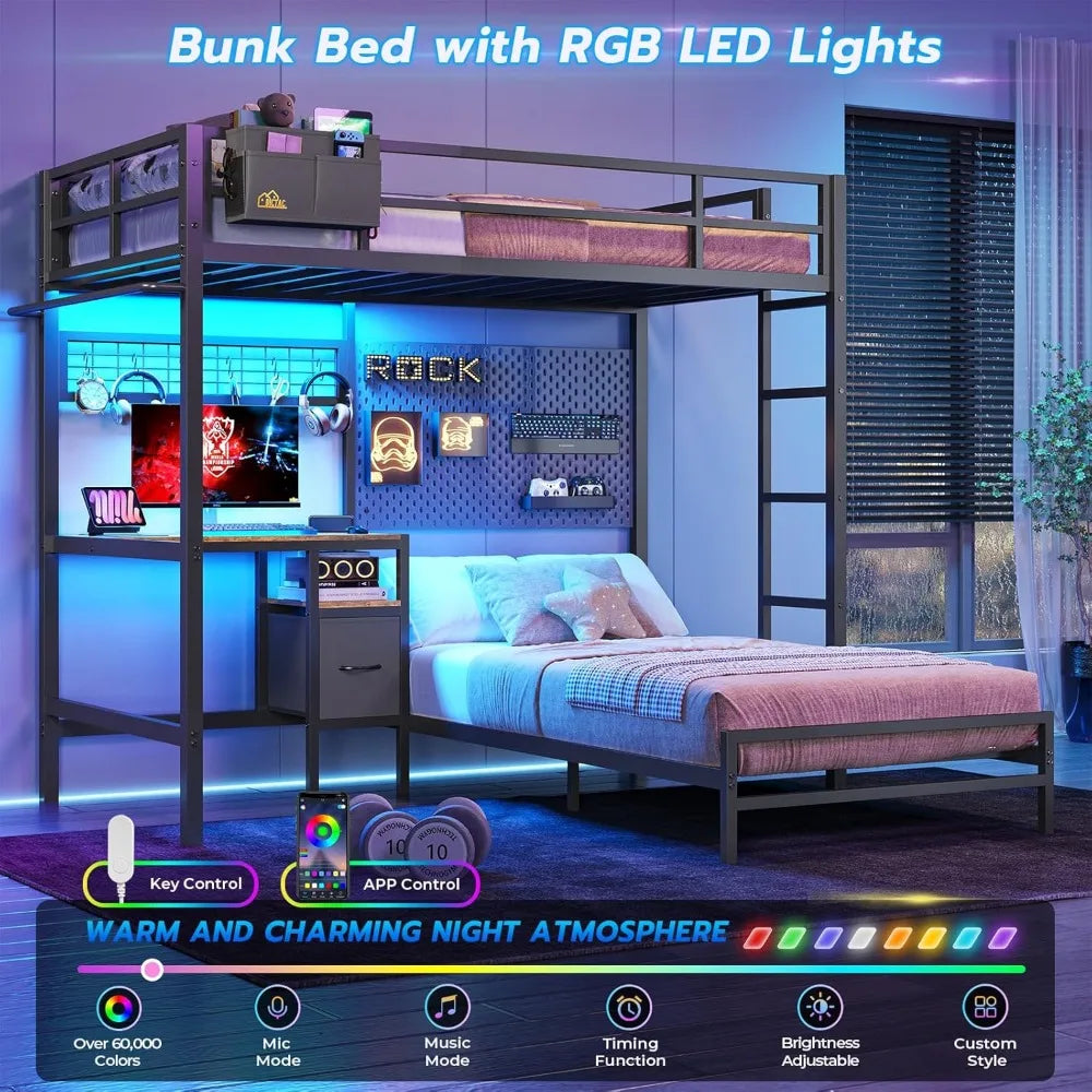 Ljustra Twin Over Twin Metal Bunk Bed with Desk LED Lights and Storage