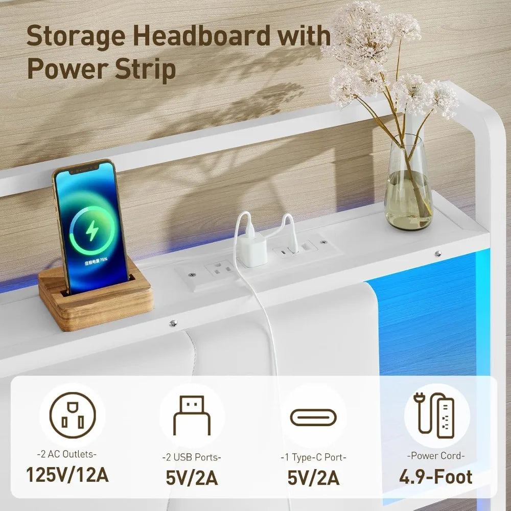 Twin Bed Frame Upholstered Headboard LED Charging Station Storage
