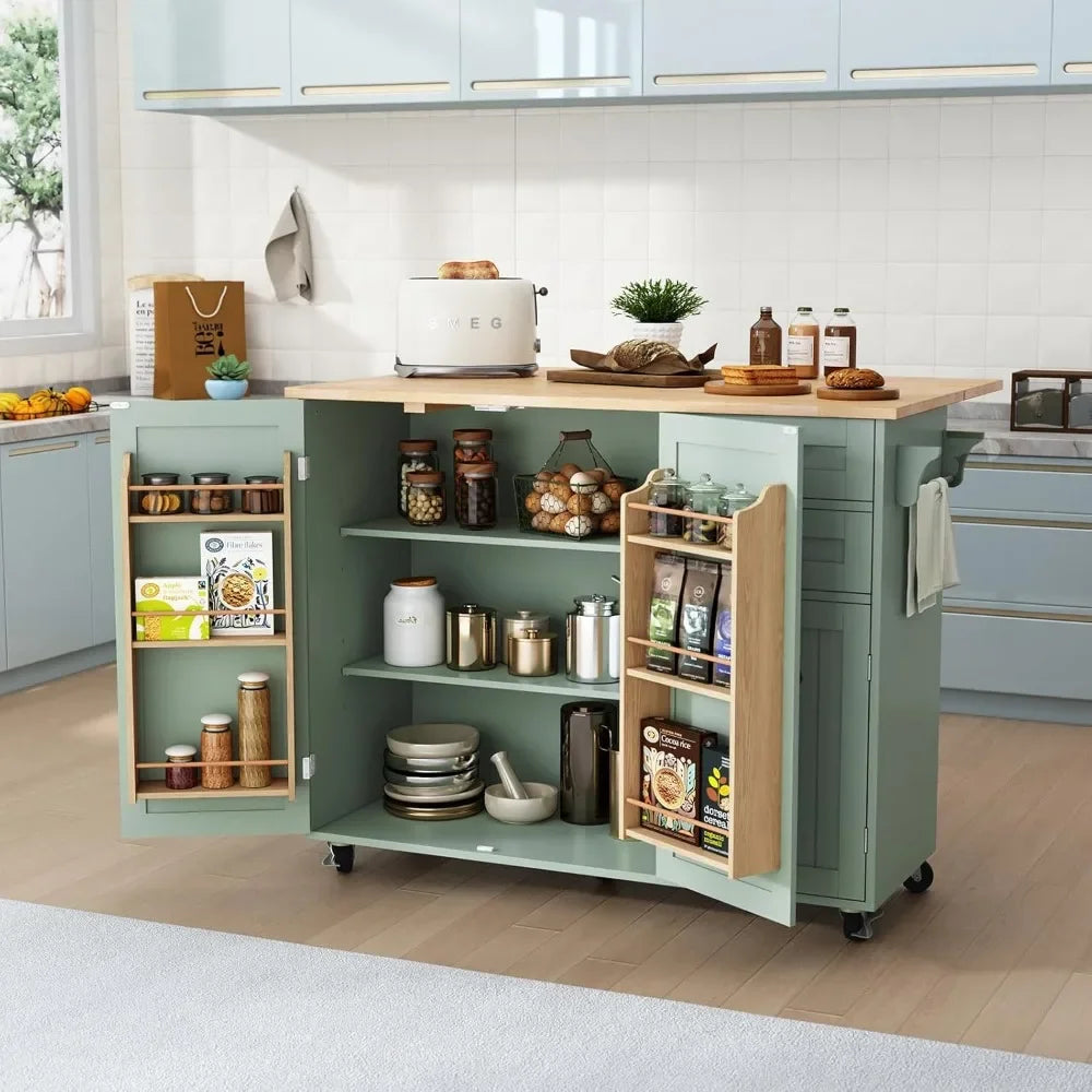 Rolling Kitchen Island with Storage Drop-Leaf Bar Countertop Modern Style