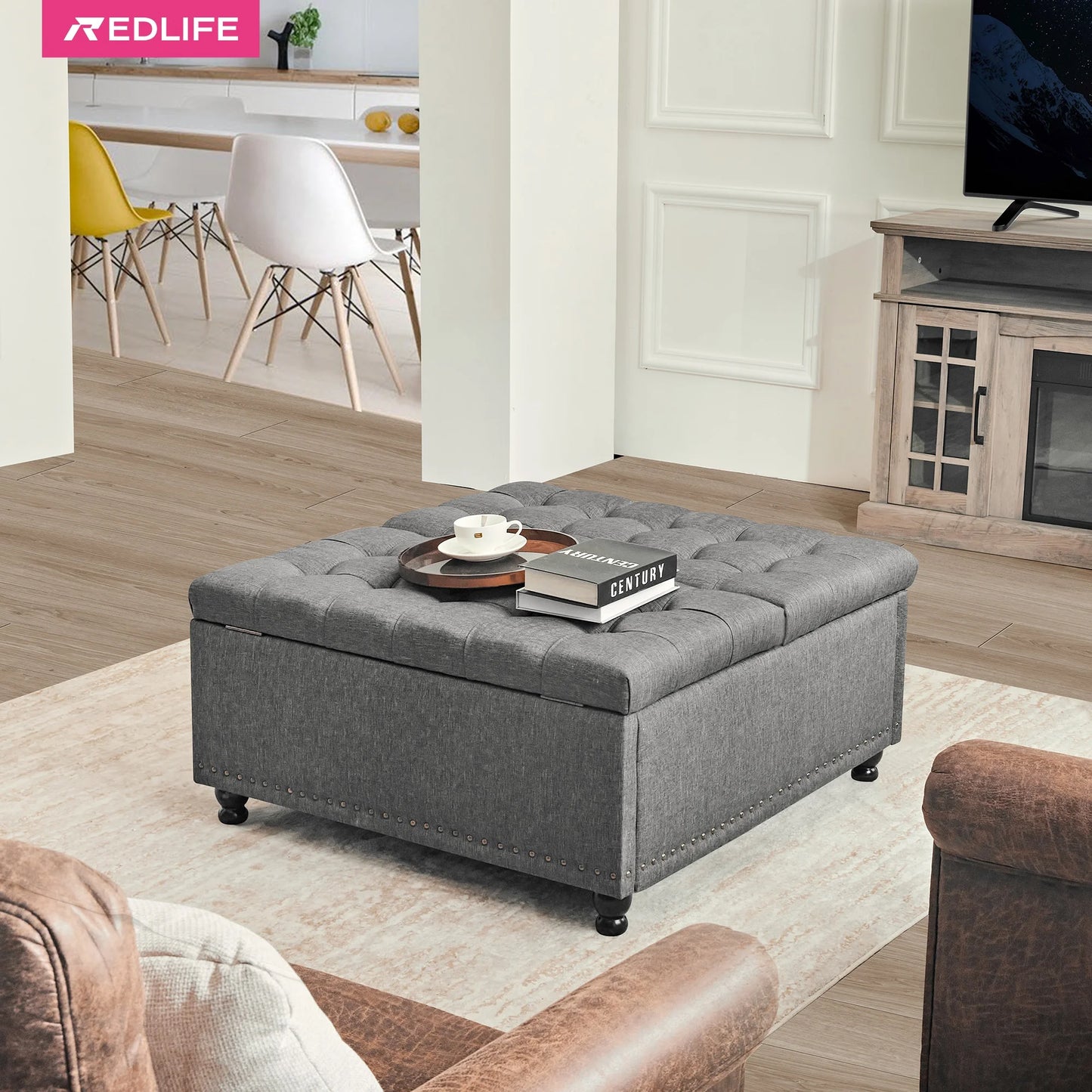 Ljustra Large Square Storage Ottoman Bench Lift Top Tufted Fabric Living Room