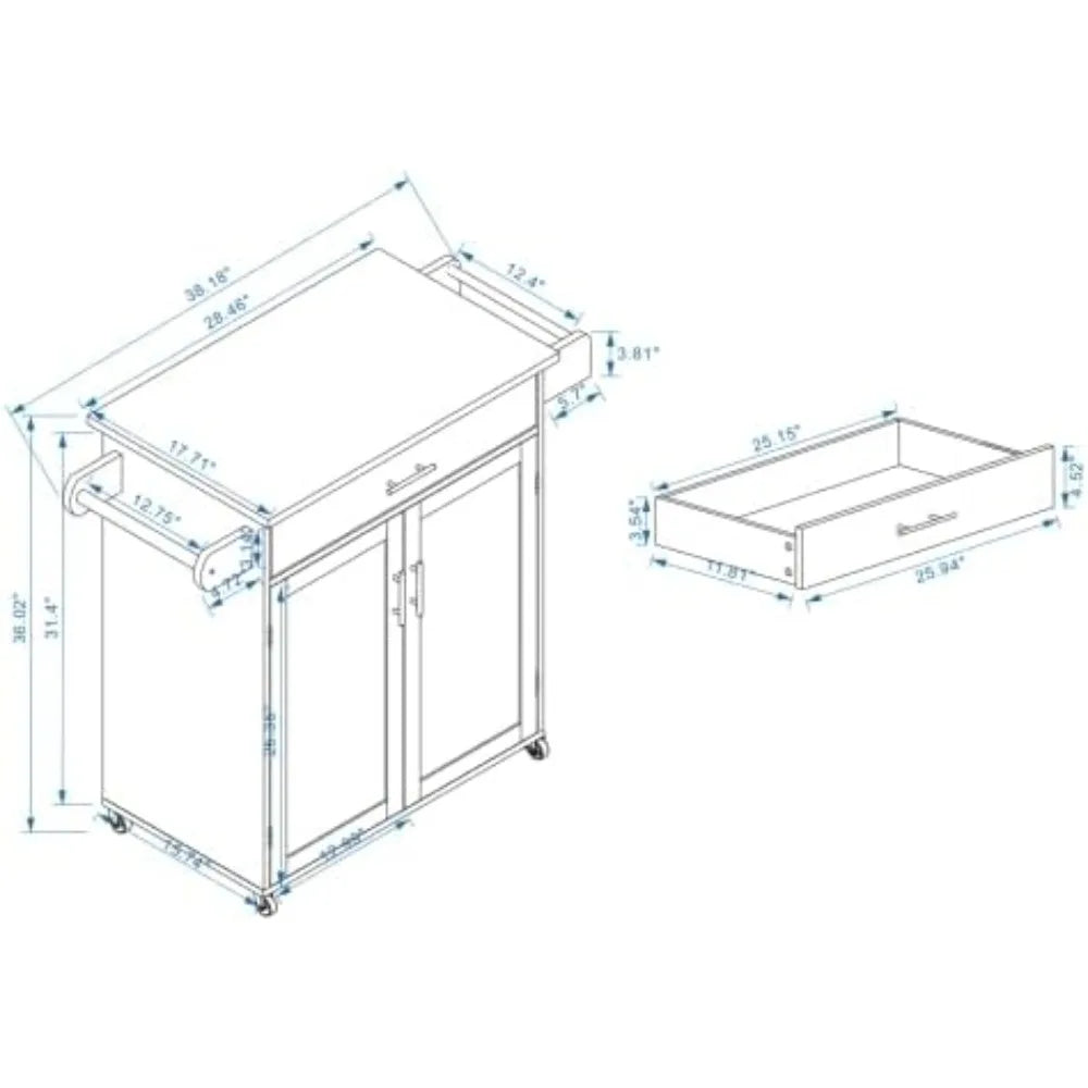Kitchen Island Rolling Trolley Cart with Drawer Doors Adjustable Shelves