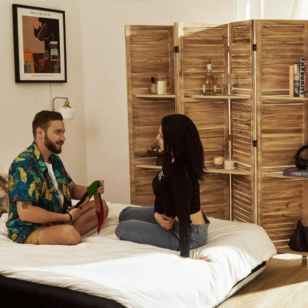 Partition Room Dividers Folding Wood Privacy Screen with Shelves