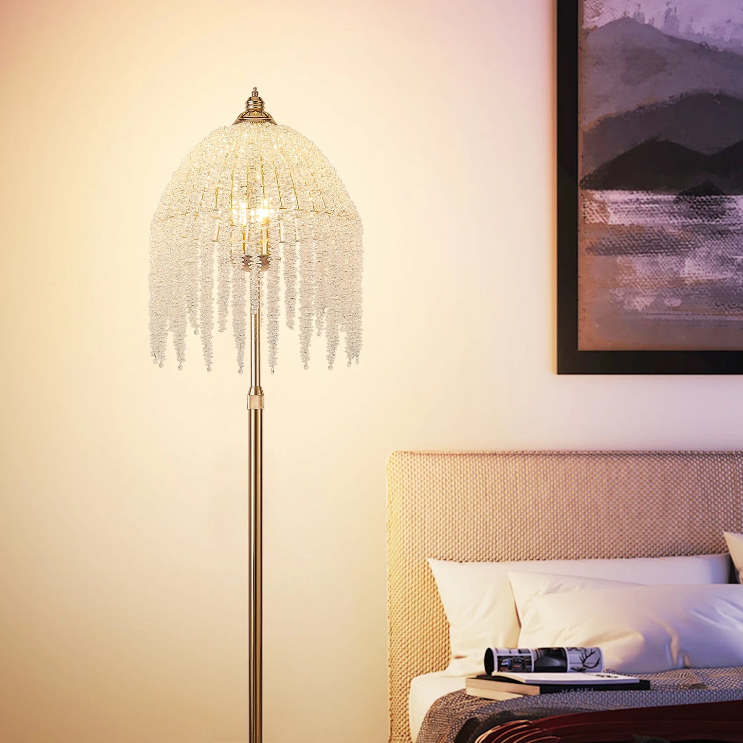 Elegant Crystal Floor Lamp Vintage Waterfall Design Marble Base