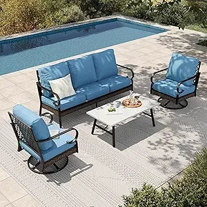 4-Piece Patio Furniture Set Rattan Rocking Chairs Sofa Marble Table