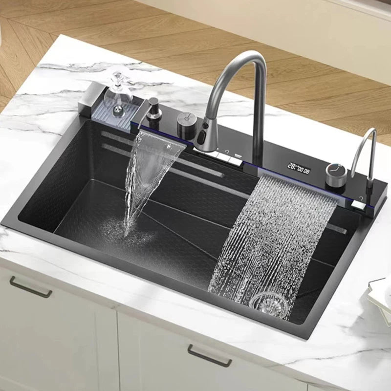 Large Stainless Steel Kitchen Sink with Waterfall Faucet and Display