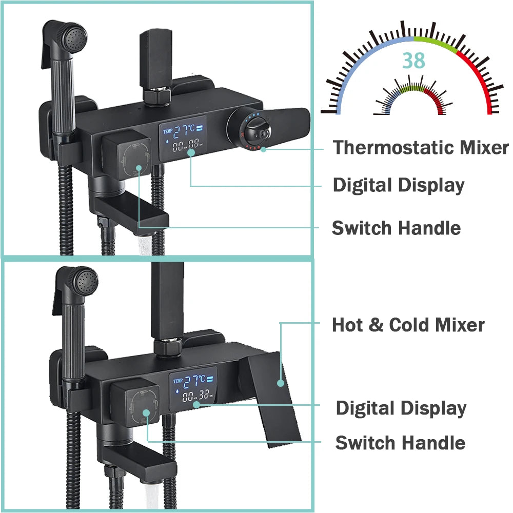 Black Digital Display Thermostatic Shower Faucet Rainfall Mixer Tap