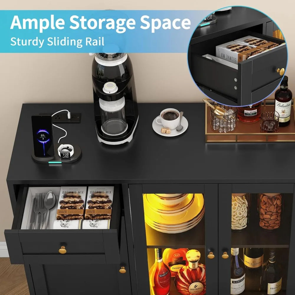 55 Inch Large LED Buffet Cabinet with Adjustable Shelves Charging Station