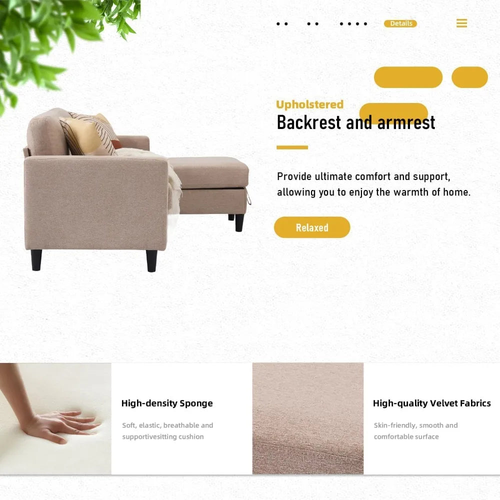 3-Seater L-Shaped Sectional Sofa w/ Storage Ottoman – Beige Linen Couch for Small Spaces