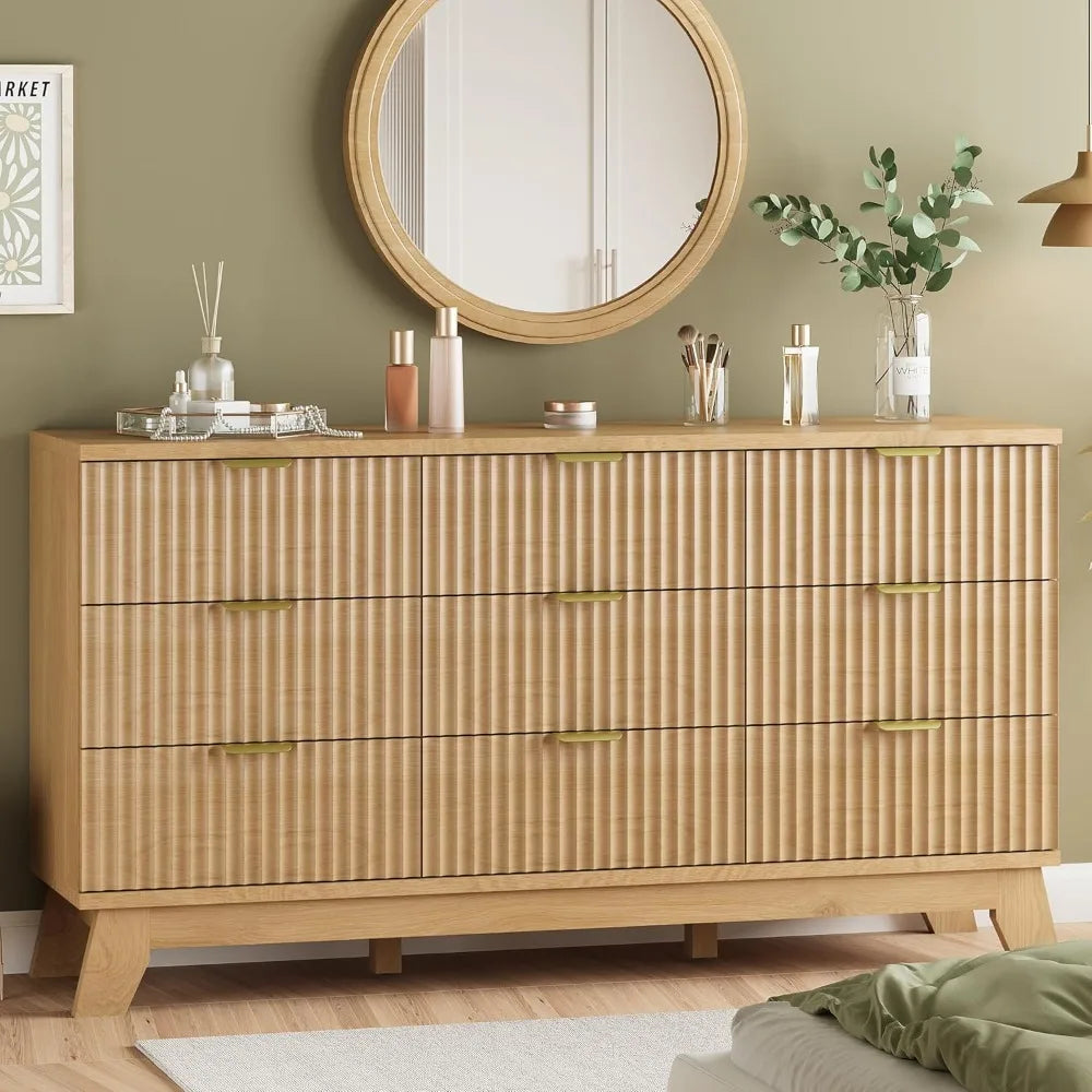Fluted Dresser 9 Drawers Modern Chest of Drawers TV Stand Natural Oak