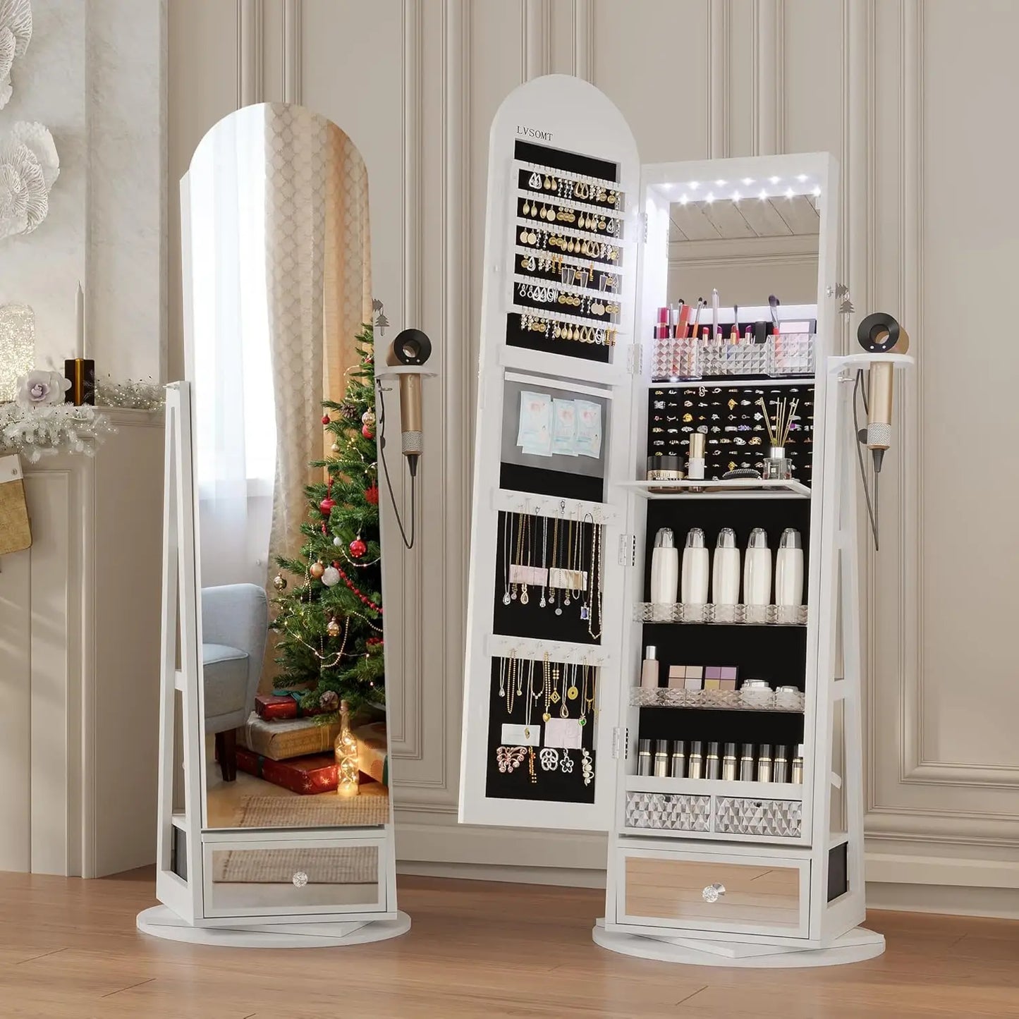 LED Mirror Jewelry Cabinet Lockable Standing Armoire with Adjustable Lights