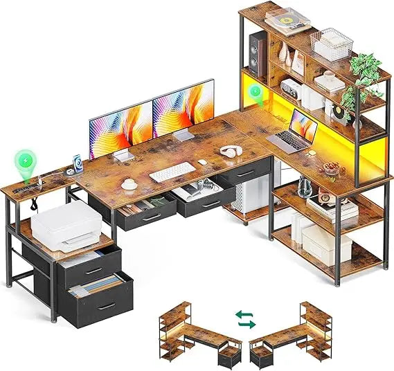 L Shaped Desk with File Drawers Reversible Gaming Desk with Power Outlets