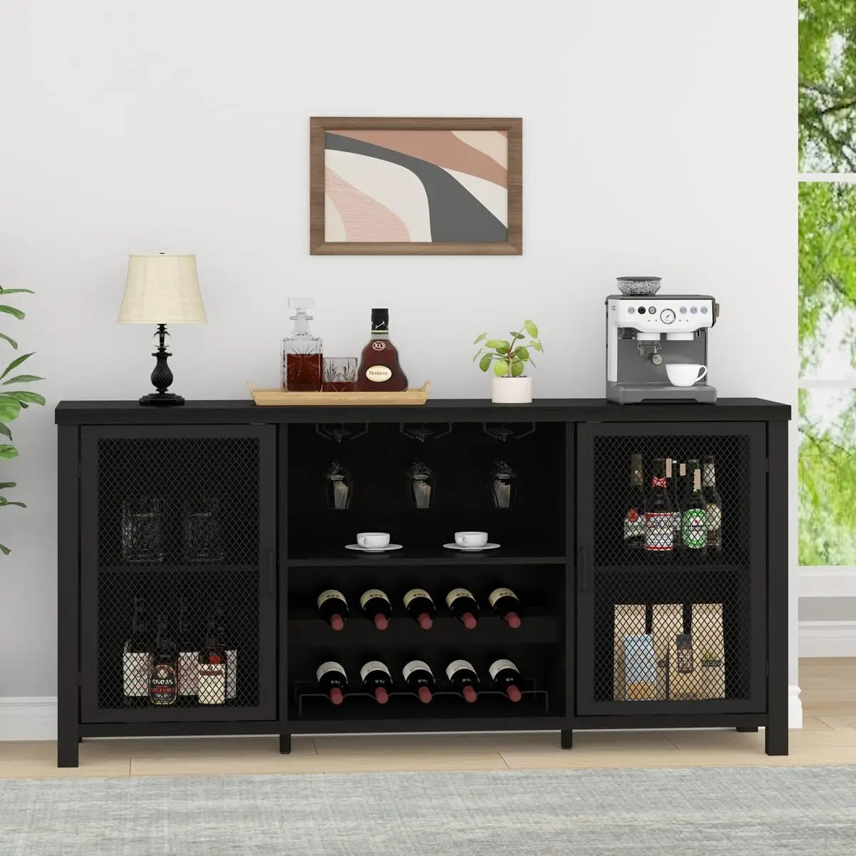 Black Wine Bar Cabinet Coffee Bar Buffet Storage Industrial Style