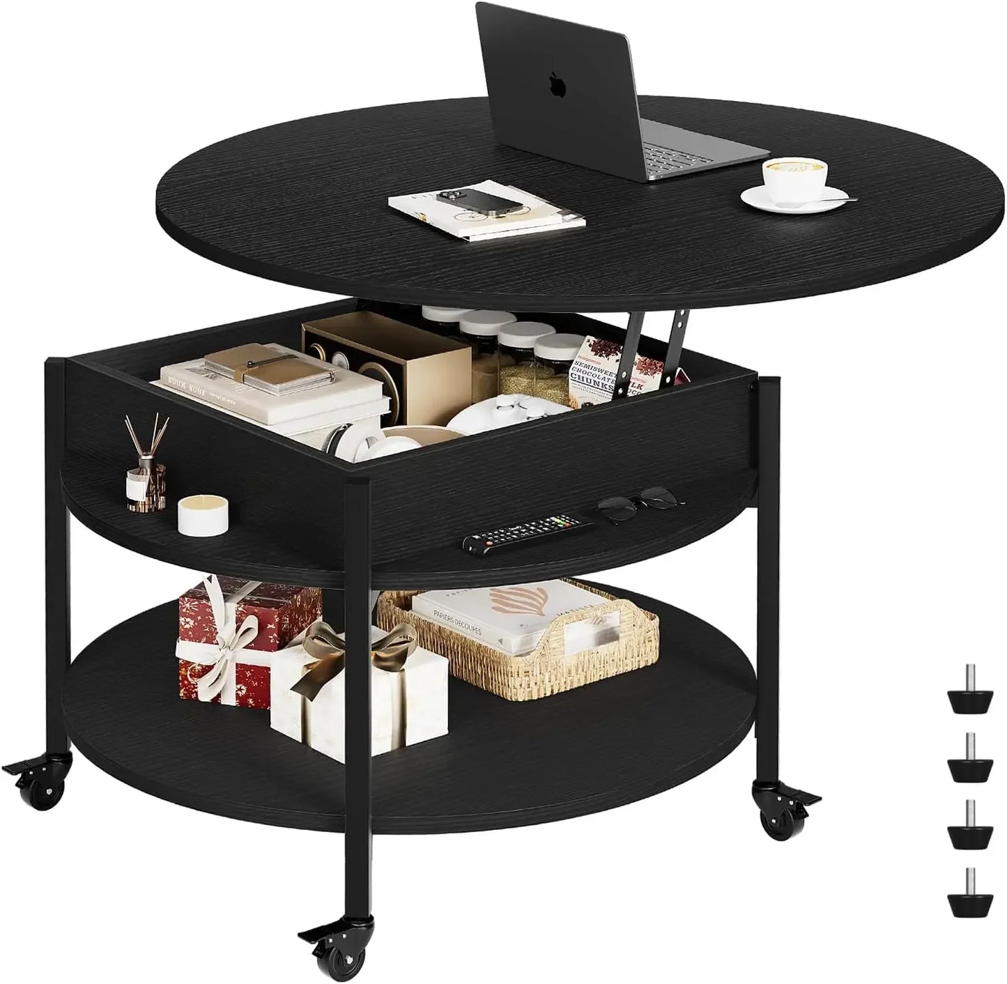 Round Lift Top Coffee Table with Wheels Storage Compartment 26.77in