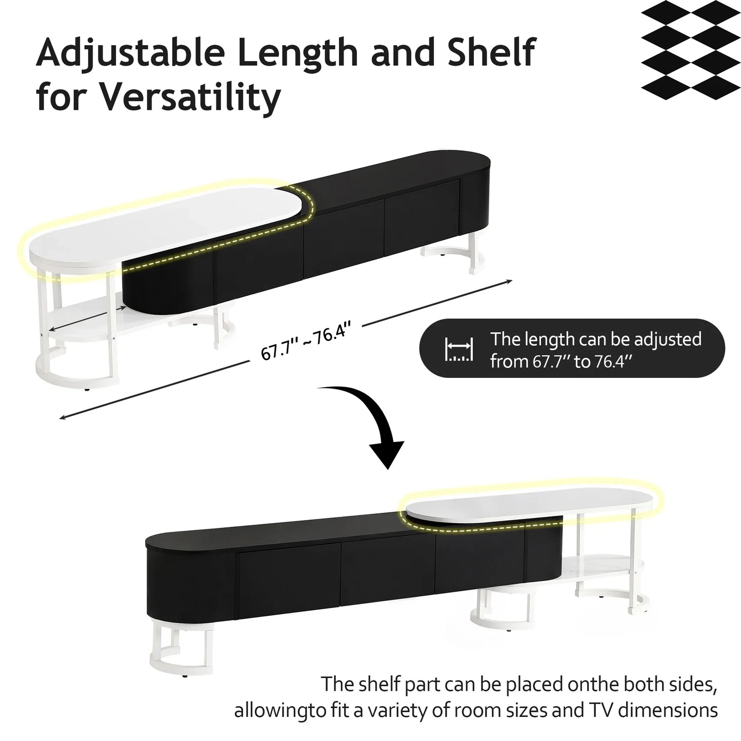 Modern Extendable TV Stand with Drawers and Adjustable Metal Legs