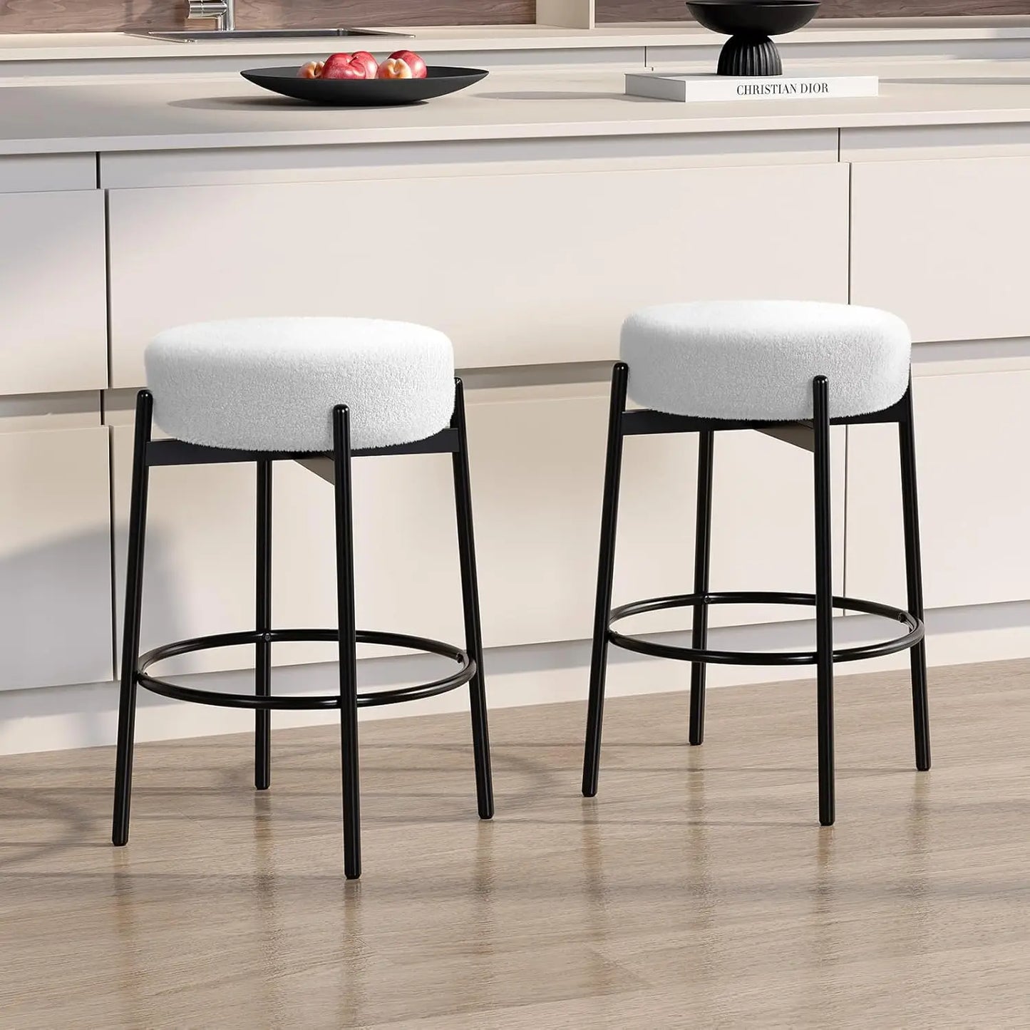 Swivel Round Barstools 24" Teddy Wool Upholstered Set of 2