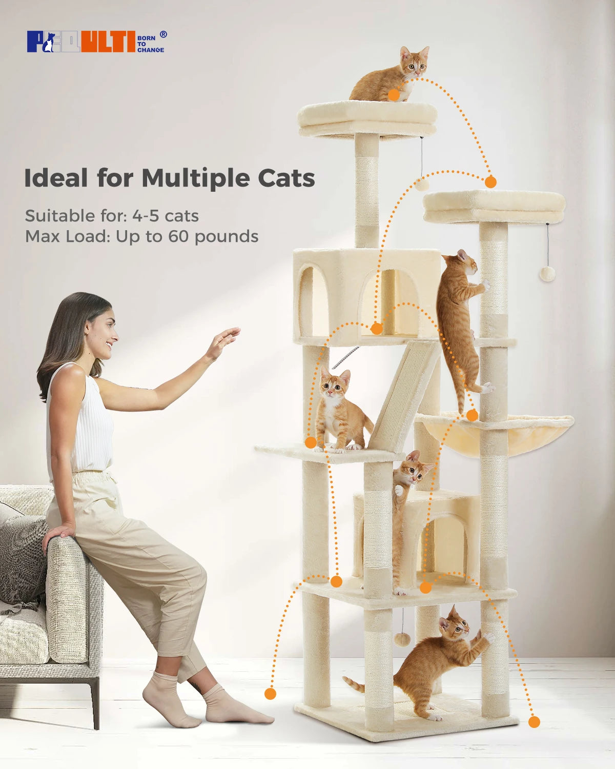 Multi-Level Cat Tree Indoor Tower with Scratching Posts Hammock Condo