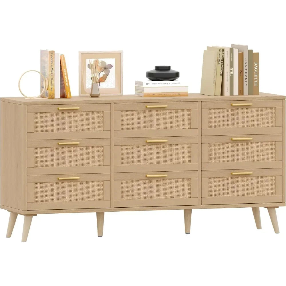 9 Drawer Double Dresser Modern Rattan Chest of Drawers Bedroom Storage