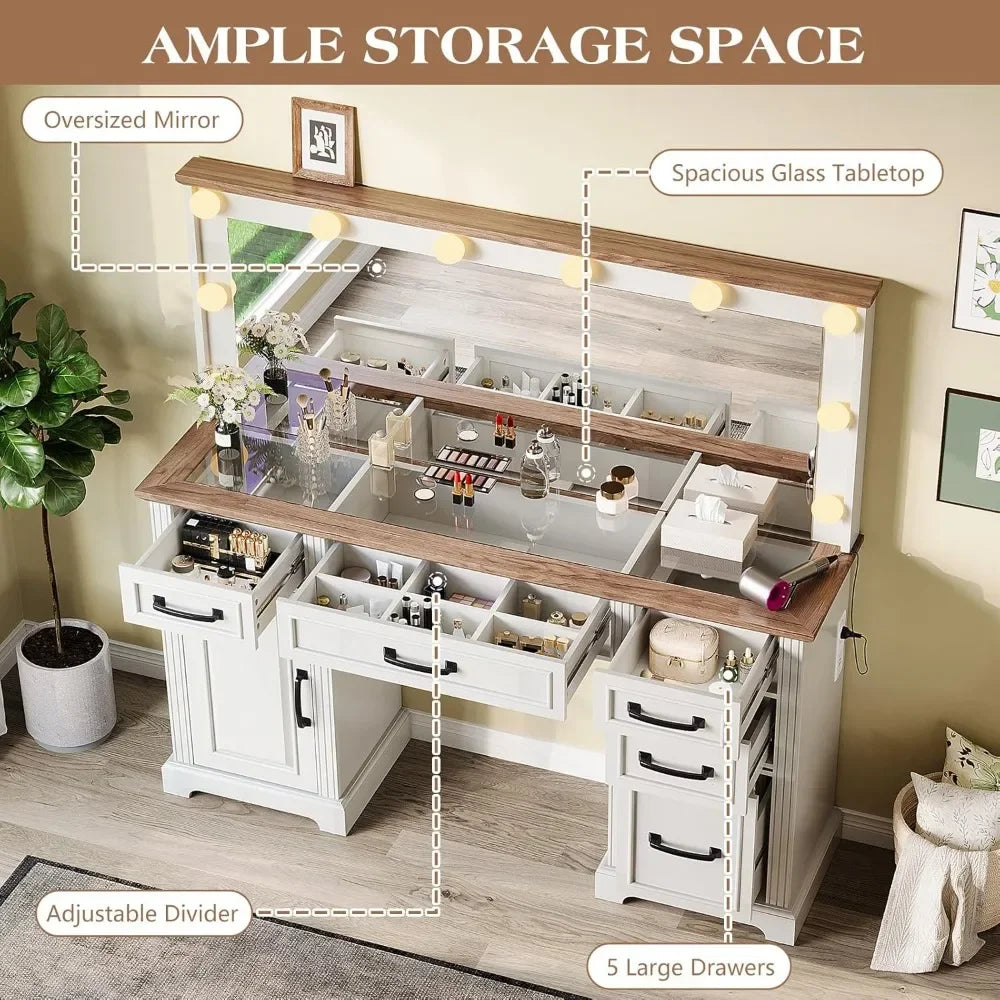 55 Inch Farmhouse Vanity Desk with Mirror Lights Charging Station 5 Drawers