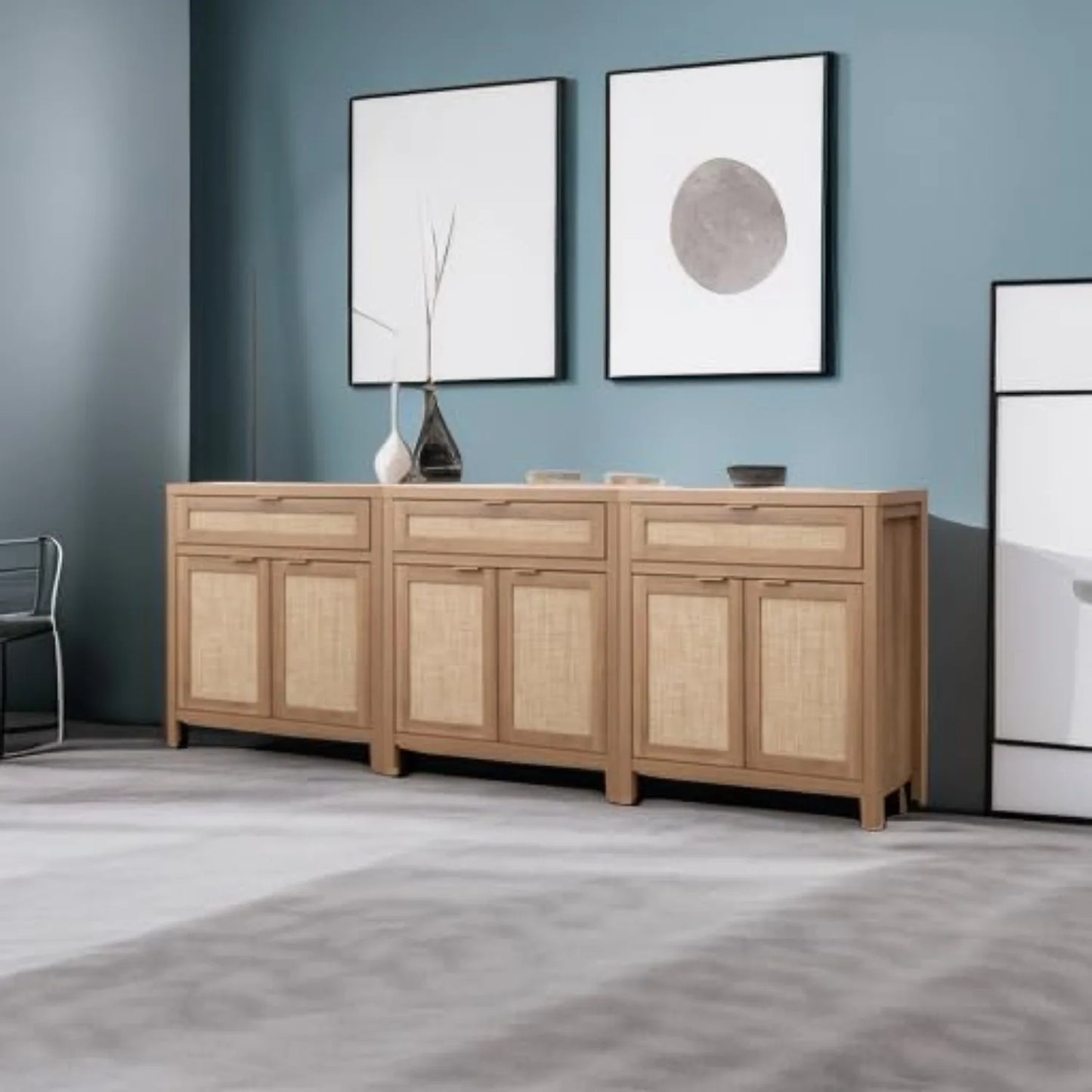 Ljustra Three Piece Side Panel Buffet Cabinet Rattan Storage Natural Oak