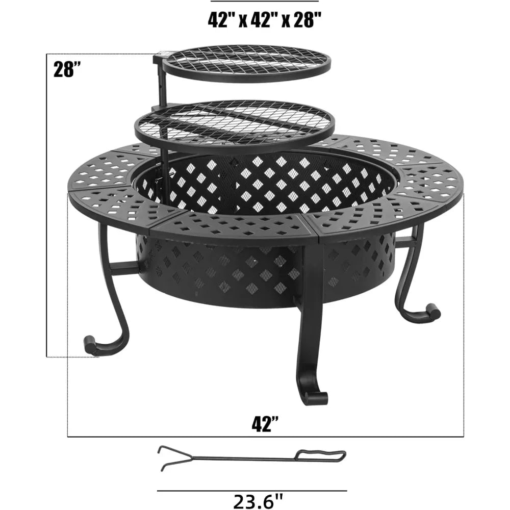 42 Inch Wood Burning Fire Pit with BBQ Grills and Lid for Outdoor Use