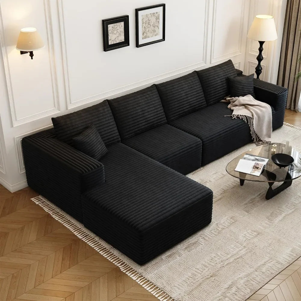 135” L-Shaped Modular Cloud Sectional Sofa Black Corduroy Couch w/ Chaise