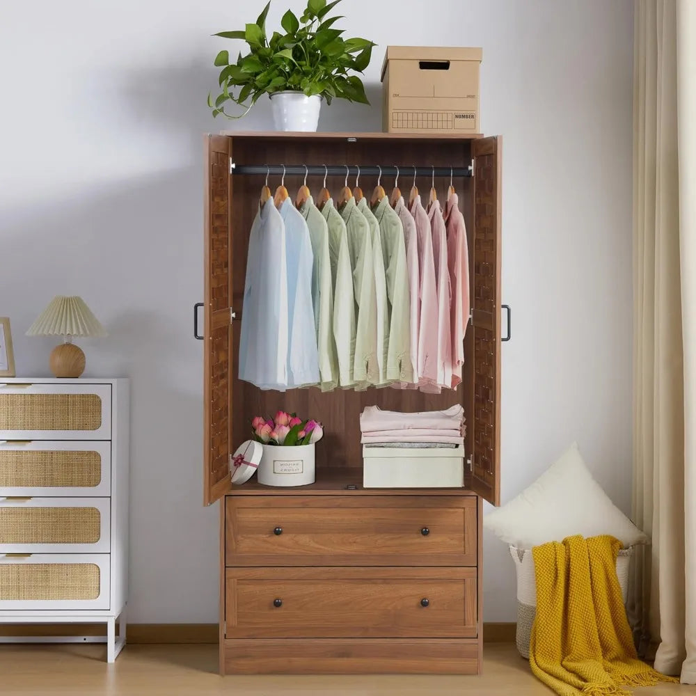 Stylish Freestanding Armoire Wardrobe with Drawers and Hanging Rail