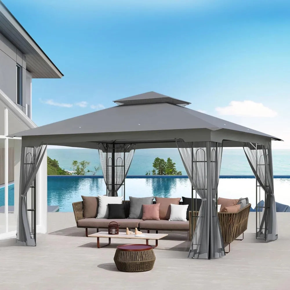 10x12 Outdoor Gazebo Tent with Netting Double Roof Patio Pavilion