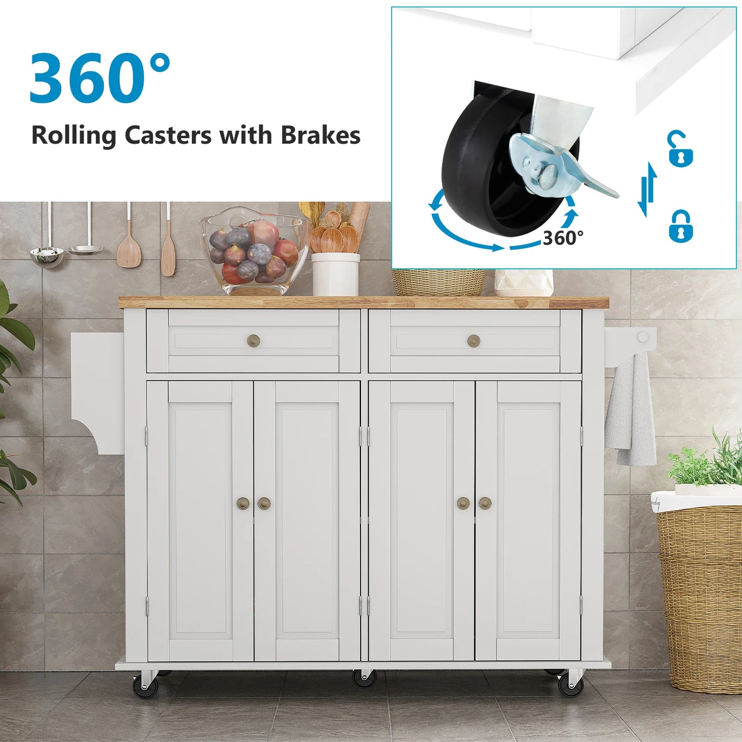 Rolling Kitchen Island on Wheels with Drop Leaf Storage Cabinet